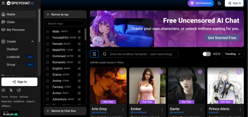 Vast Character Library and Free Chat